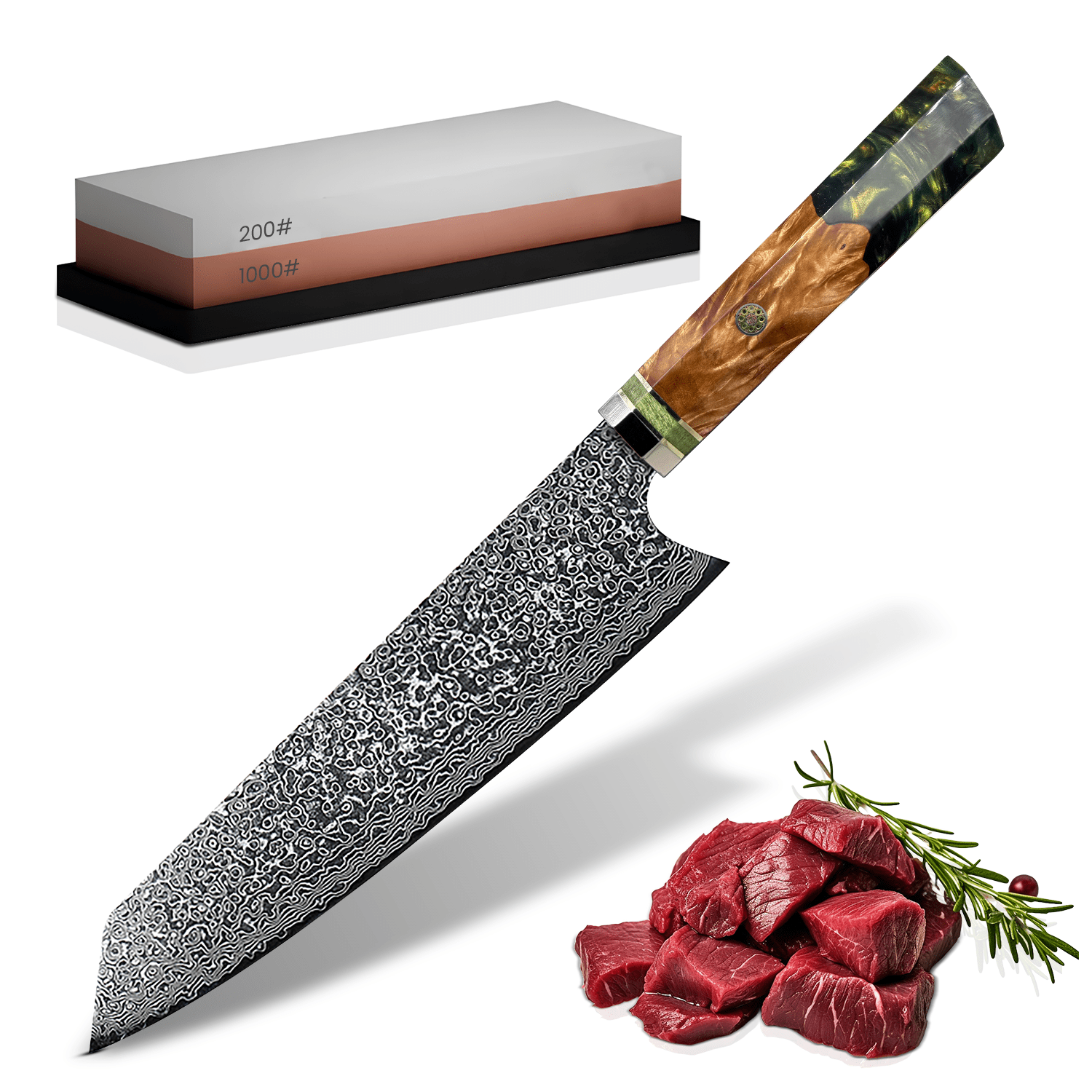 Japanese Chef's Knife featuring a 23 cm Damascus steel blade and an ergonomic emerald green handle, designed for precision and comfort in the kitchen. 0